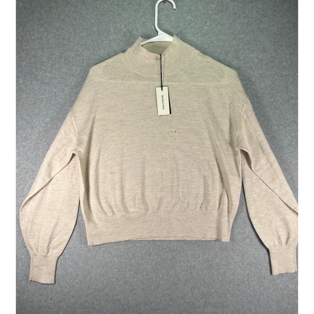 DMG*Babaton Merino Wool Mock Neck Puff Sleeve Sweater Heather Birch Beige XS